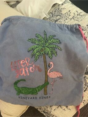 Vineyard Vines Oxford Blue Drawstring Bag with Pink Flamingo & Green Alligator